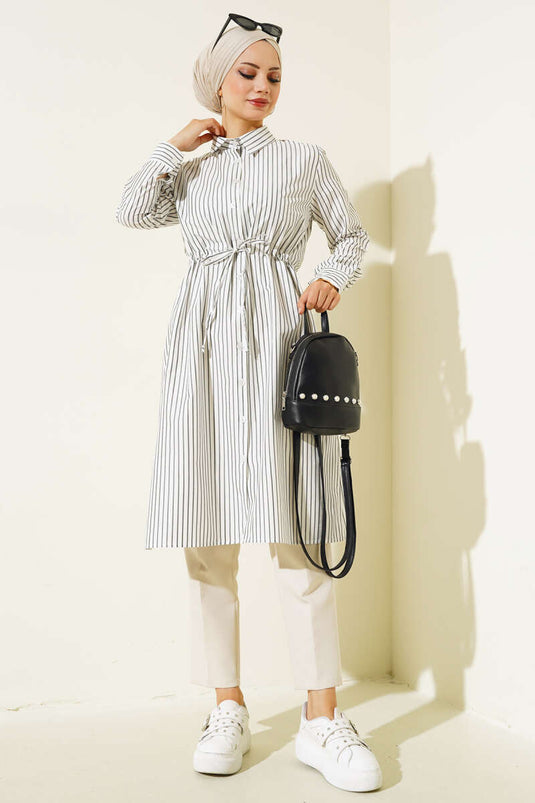 Beautiful Tünelli Striped Long Shirt White