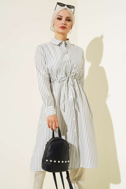 Beautiful Tünelli Striped Long Shirt White
