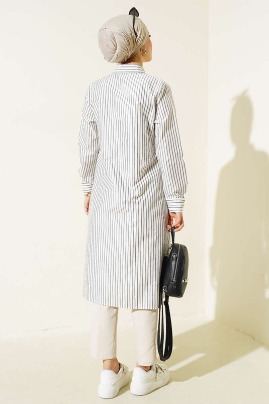 Beautiful Tünelli Striped Long Shirt White
