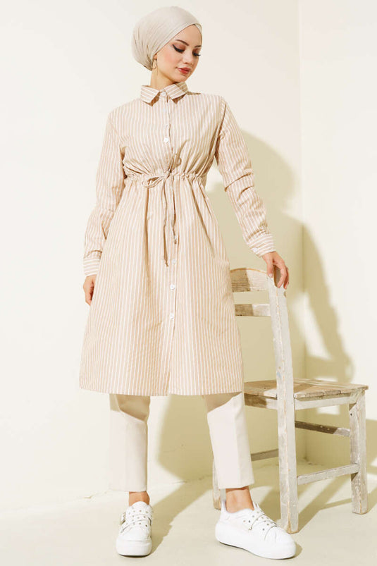 Beautiful Tünelli Striped Long Shirt Latte