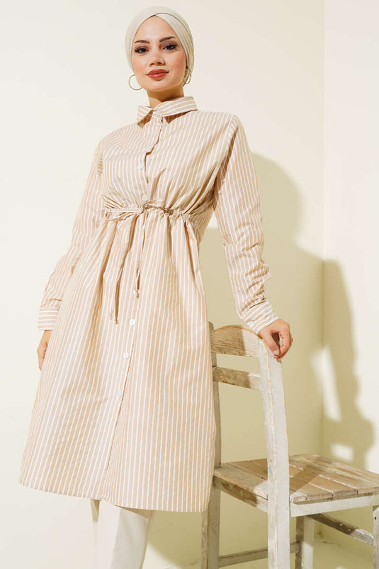 Beautiful Tünelli Striped Long Shirt Latte