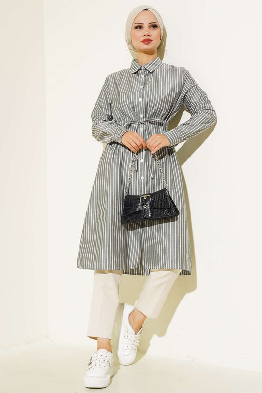 Beautiful Tünelli Striped Long Shirt Black