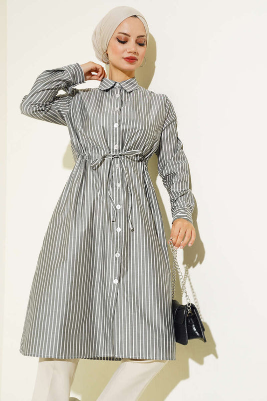 Beautiful Tünelli Striped Long Shirt Black