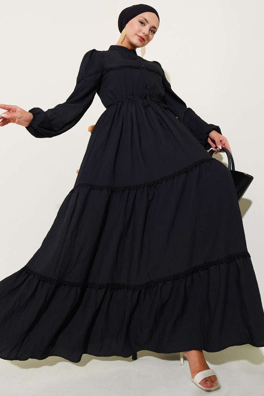 Waist Tunnel Lace Detail Dress Black