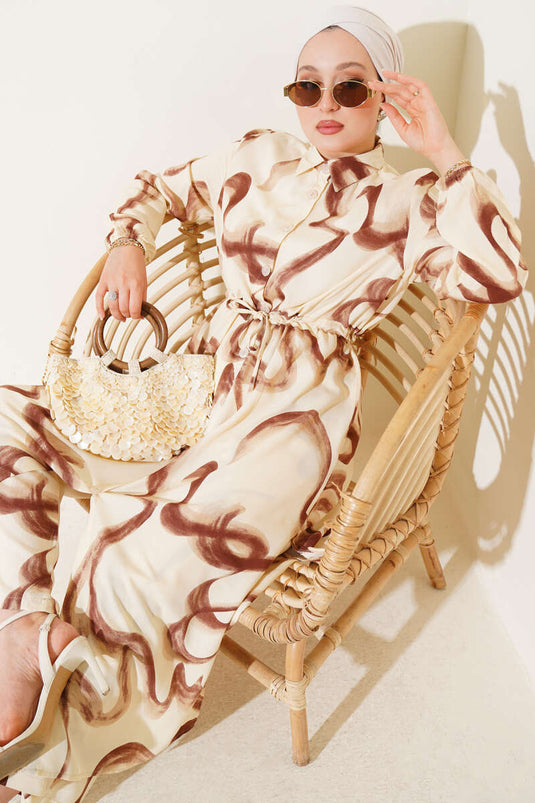 Bel Tünelli Desenli Uzun Gömlek İkili Takım Kahve