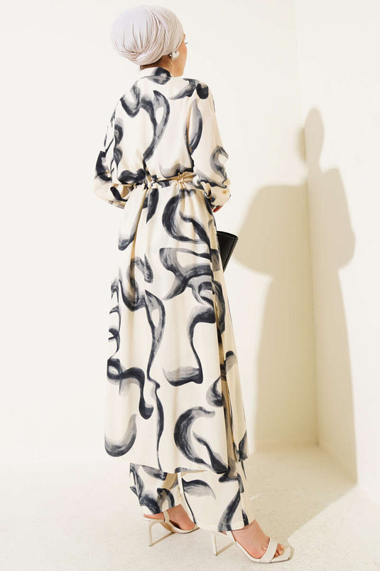 Bel Tünelli Desenli Uzun Gömlek İkili Takım Siyah