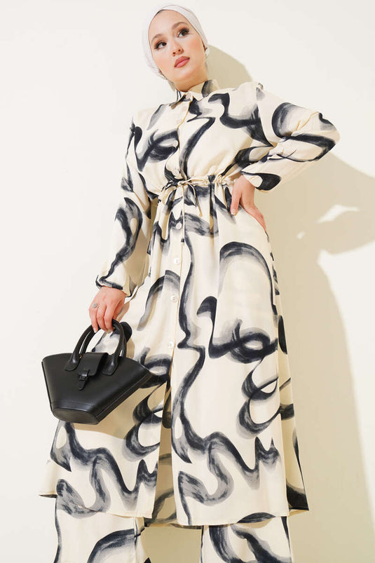 Bel Tünelli Desenli Uzun Gömlek İkili Takım Siyah