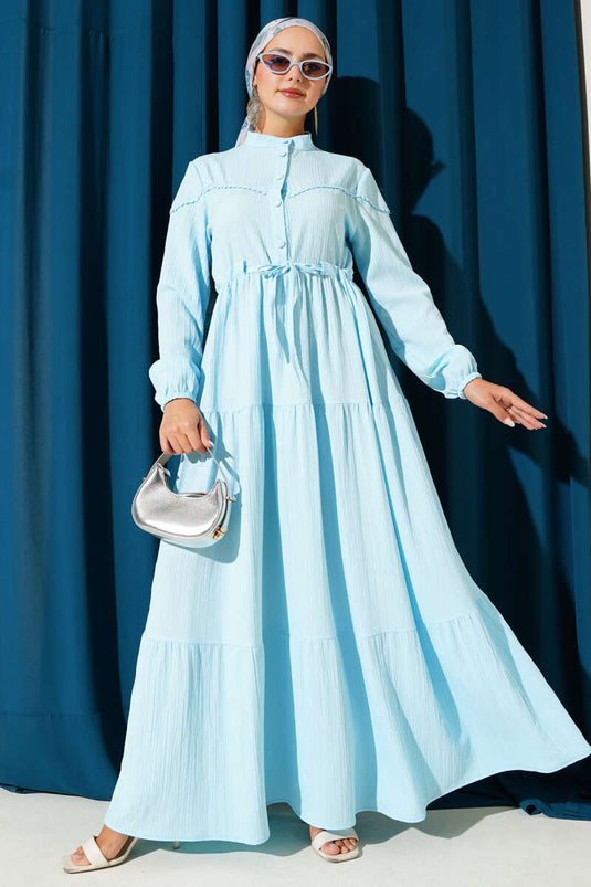 Waist Tunnel Buttoned Tree Bark Dress Baby Blue