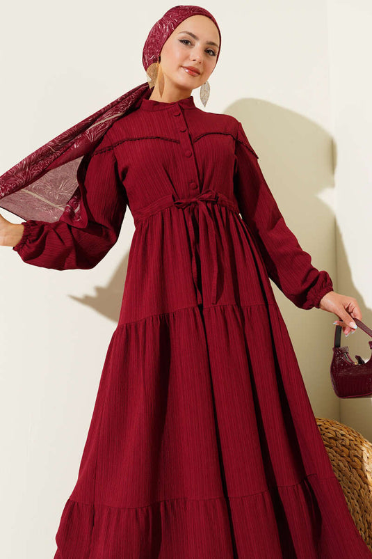 Abito con Bottoni e Stampa Corteccia di Albero Bel Tünelli Bordeaux