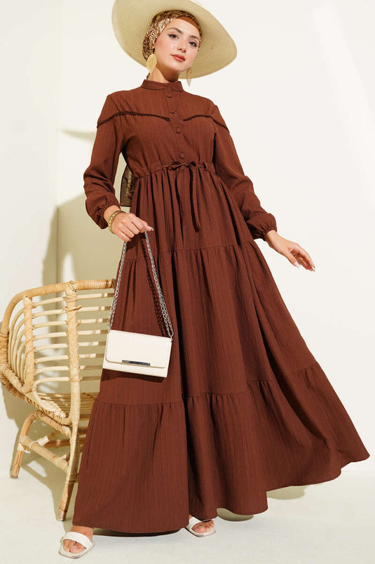 Buttoned Tree Bark Dress with Waist Tunnel and Brown