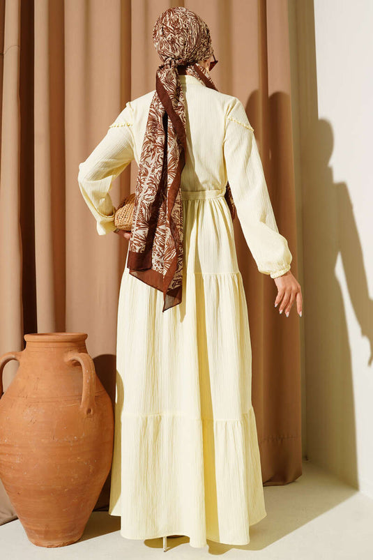 Bel Tünelli Düğmeli Ağaç Kabuğu Elbise Sarı