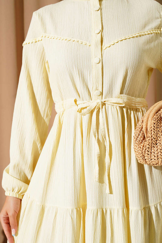 Bel Tünelli Düğmeli Ağaç Kabuğu Elbise Sarı