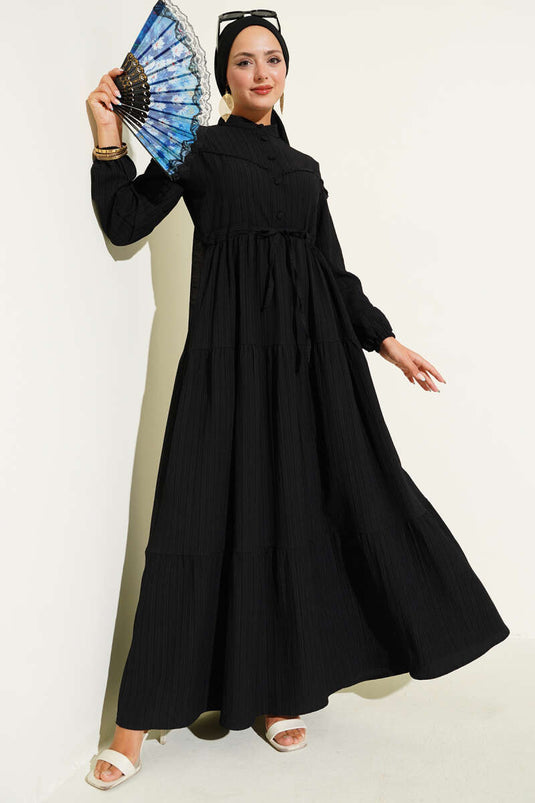 Bel Tünelli Düğmeli Ağaç Kabuğu Elbise Siyah