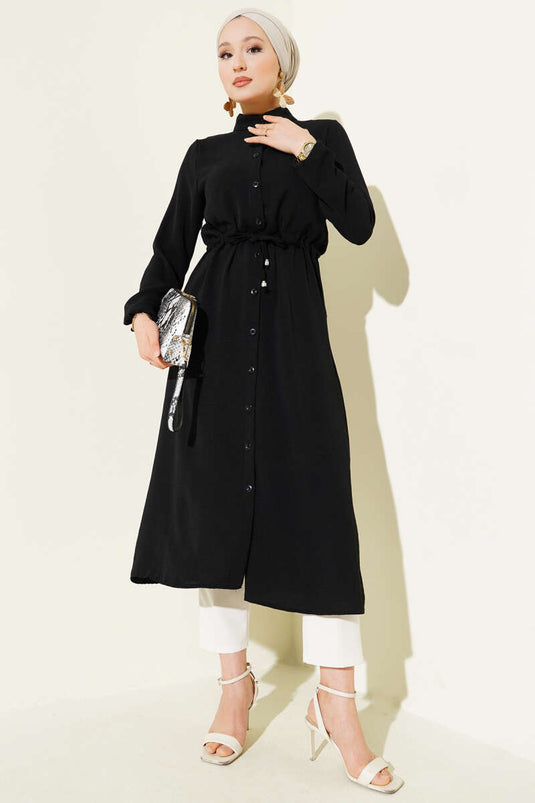 معطف أيروبين أسود بأزرار مع نفق خصر