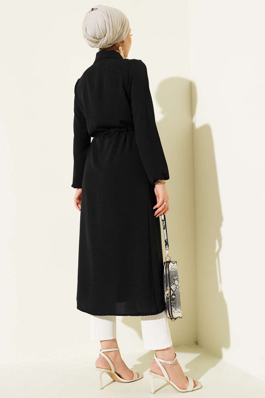 معطف أيروبين أسود بأزرار مع نفق خصر