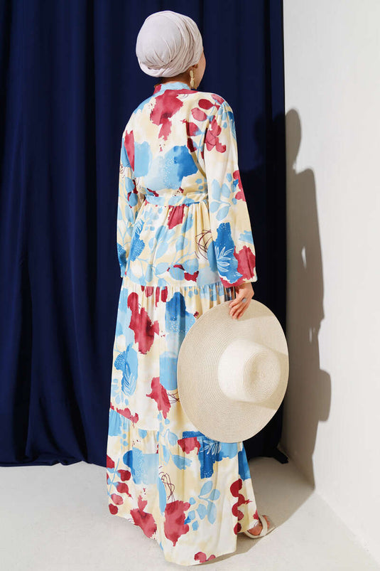 Waist Tunnel Buttoned Patterned Dress Blue