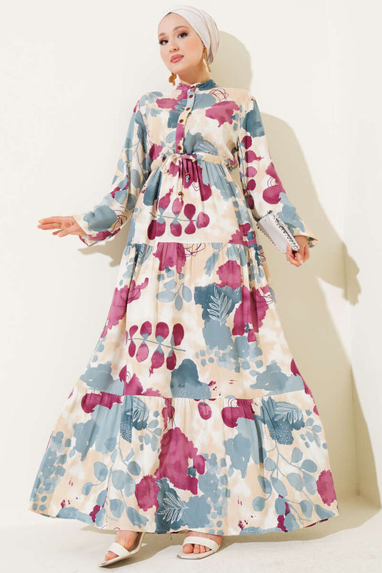 Bel Tünelli Düğmeli Desenli Elbise Mint