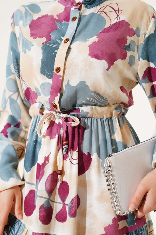 Bel Tünelli Düğmeli Desenli Elbise Mint