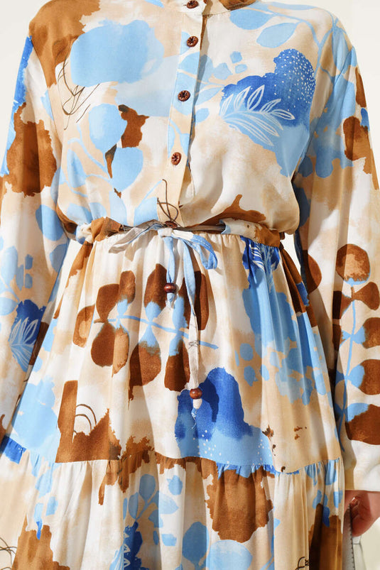 فستان منقوش بأزرار عند الخصر بلون بني