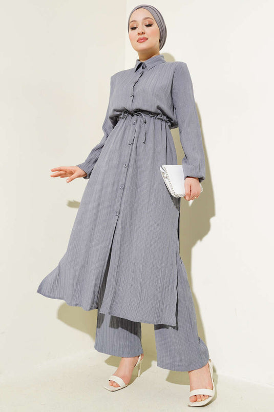 Long Shirt Set with Belt and Buttons, Gray