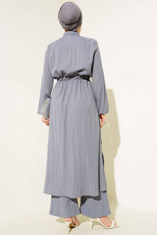 Long Shirt Set with Belt and Buttons, Gray