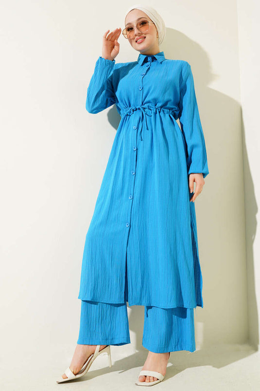 Waist Tunnel Buttoned Long Shirt Two Piece Set Blue