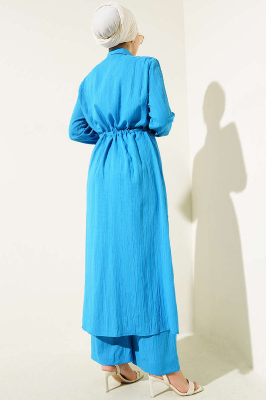 Waist Tunnel Buttoned Long Shirt Two Piece Set Blue