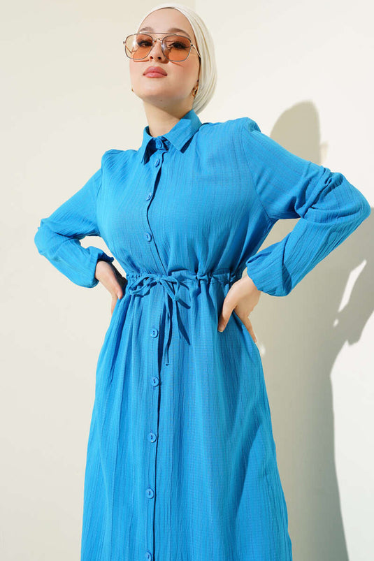 Waist Tunnel Buttoned Long Shirt Two Piece Set Blue