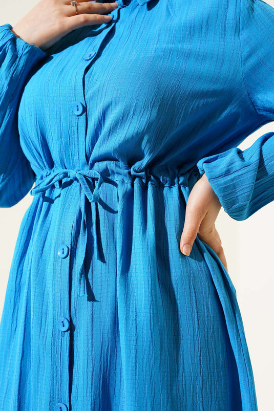 Waist Tunnel Buttoned Long Shirt Two Piece Set Blue