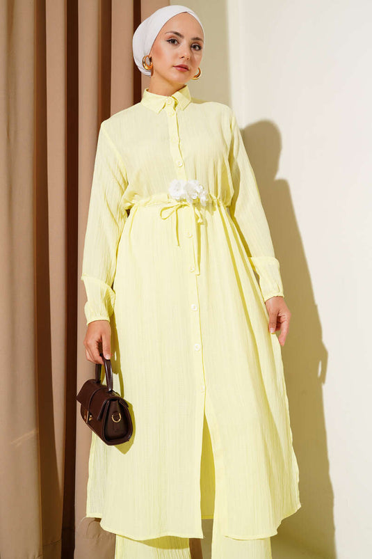 Bel Tünelli Düğmeli Uzun Gömlek İkili Takım Sarı