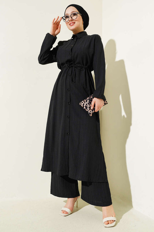 Bel Tünelli Düğmeli Uzun Gömlek İkili Takım Siyah