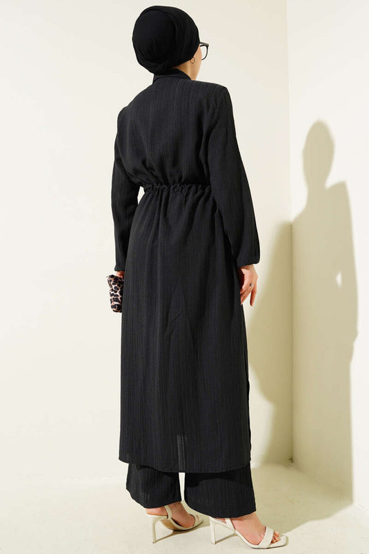 Bel Tünelli Düğmeli Uzun Gömlek İkili Takım Siyah