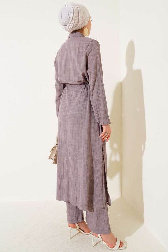 Long Shirt Set with Belt and Buttons, Taupe