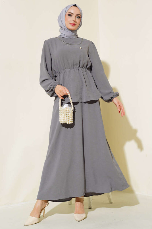 Bel Tünelli Skirted Ayrobin Two-Piece Set Charcoal