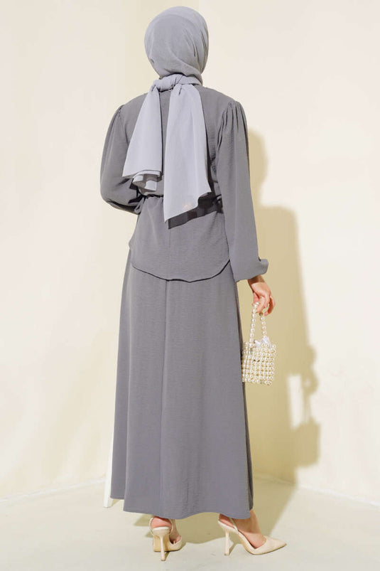 Bel Tünelli Skirted Ayrobin Two-Piece Set Charcoal