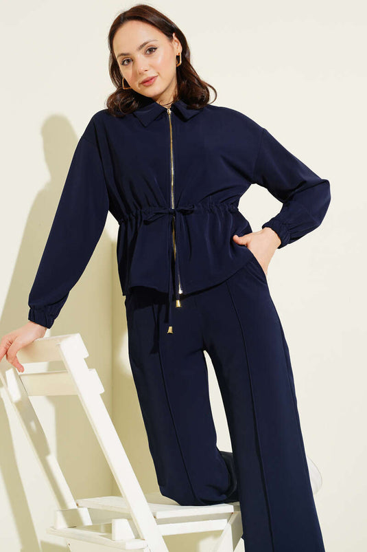 Set base doppio con zip e collo a V blu scuro