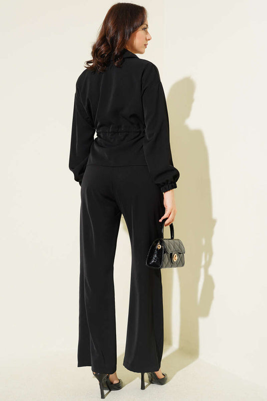 Ensemble basique deux pièces avec ceinture à boucle et fermeture éclair, noir