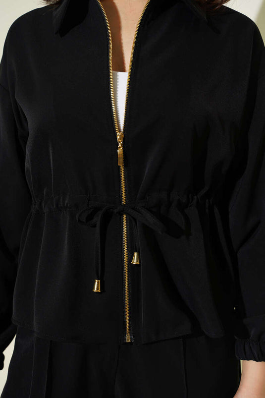 Ensemble basique deux pièces avec ceinture à boucle et fermeture éclair, noir