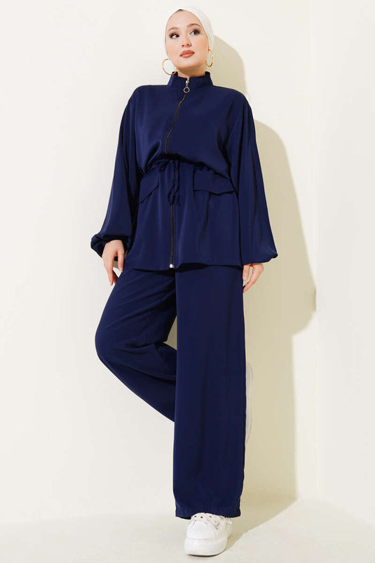 Bel Tünelli Fermuarlı Cep Kapaklı İkili Takım Lacivert