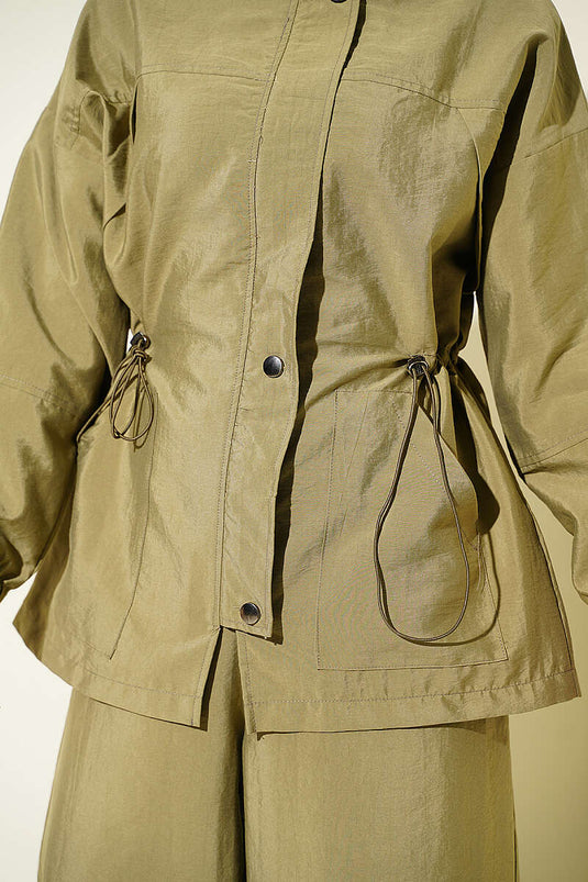 Hooded Zippered Two-Piece Set In Khaki