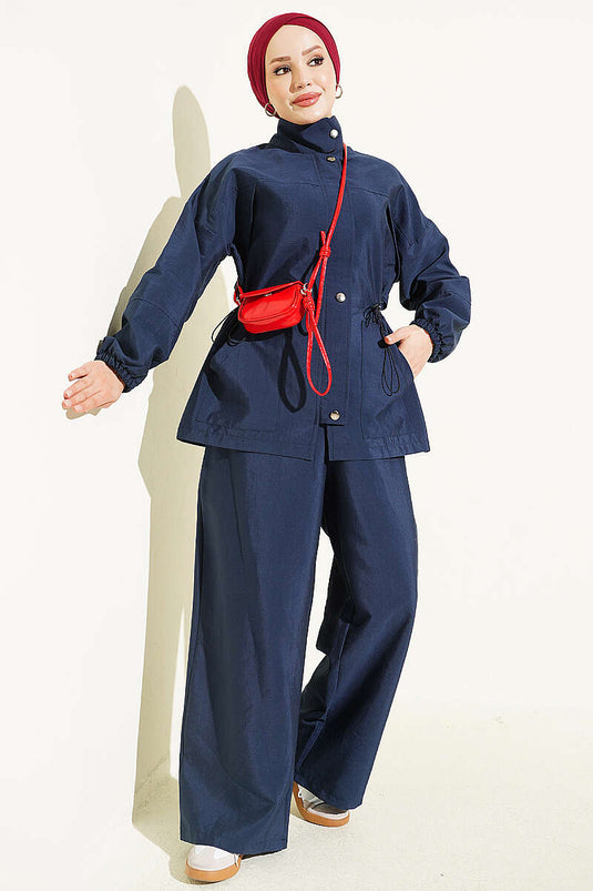Navy Blue Belted Zip-Up Two-Piece Set
