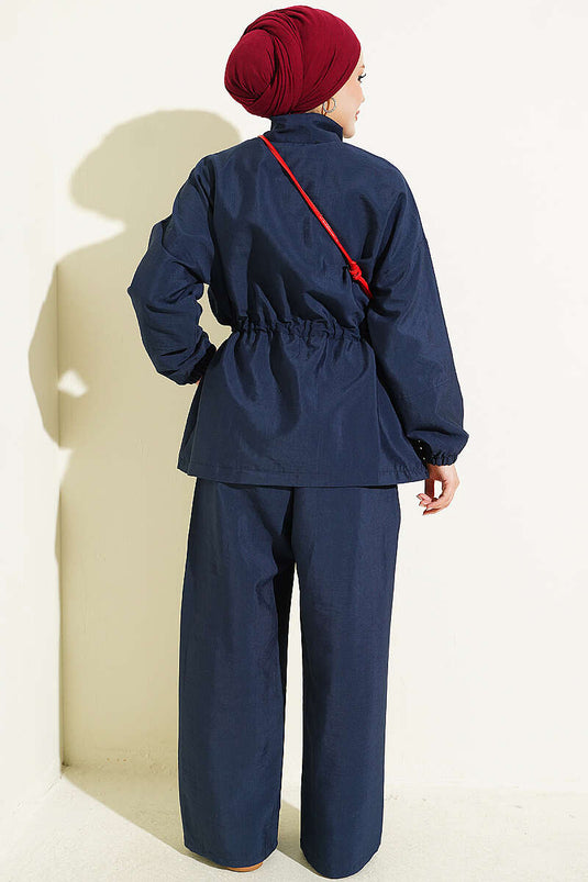 Navy Blue Belted Zip-Up Two-Piece Set