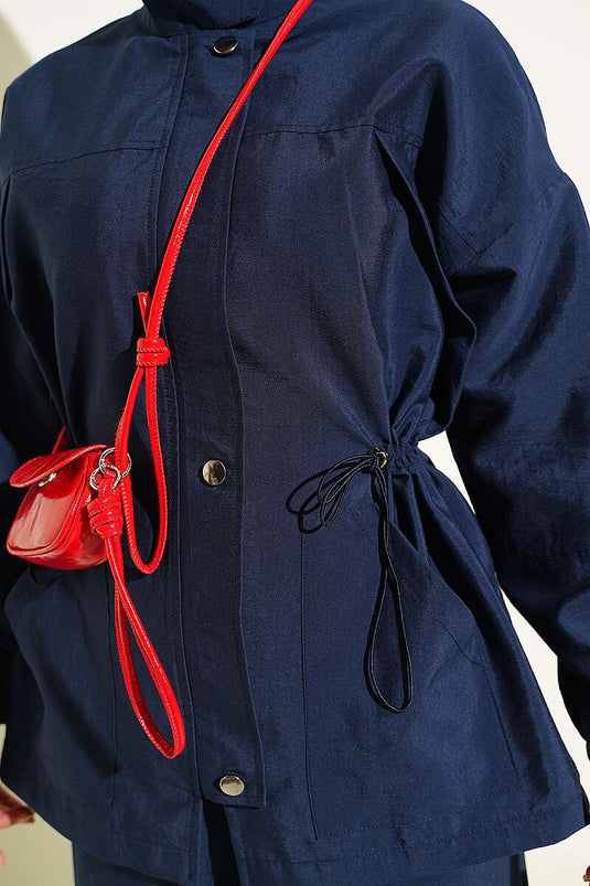 Navy Blue Belted Zip-Up Two-Piece Set