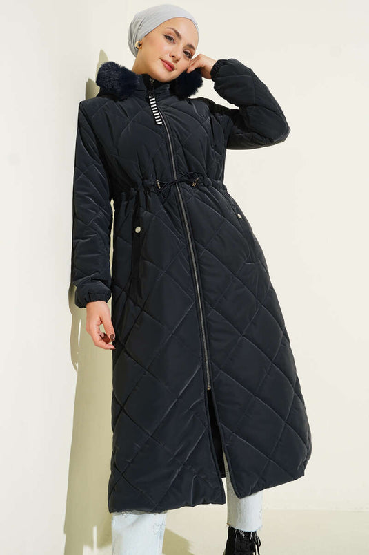Quilted Hooded Jacket with Waist Tunnel and Zipper, Navy Blue
