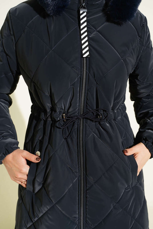 Bel Tünelli Fermuarlı Kapüşonlu Kapitone Mont Lacivert