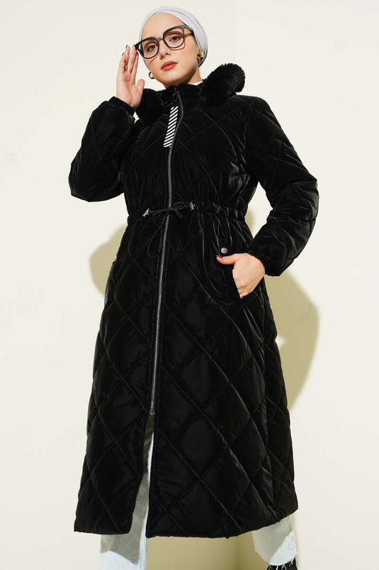 Black Quilted Hooded Jacket with Waist Tunnel and Zipper
