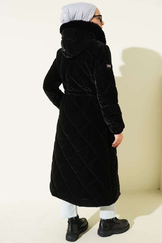 Black Quilted Hooded Jacket with Waist Tunnel and Zipper