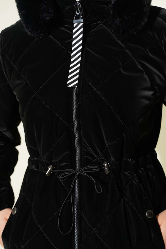 Bel Tünelli Fermuarlı Kapüşonlu Kapitone Mont Siyah