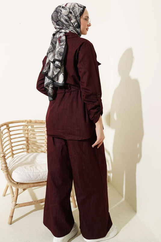 Belted Zippered Denim Two-Piece Set Burgundy