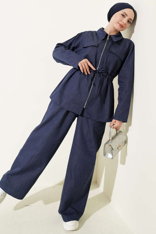 Indigo Denim Two-Piece Set with Belt and Zipper